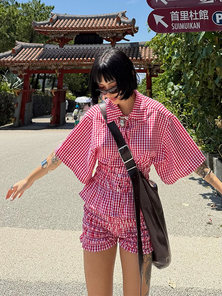 Aiertu  -  Women Two-Piece Set Of Plaid Short Sleeve Shirt Top Shorts Lapel Pleated Waist Cinched Shirts Blouse Checkered Beach Shorts Suit Aiertu