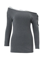 Aiertu  -Lace Asymmetrical Neck Tie Long Sleeve Dress aiertu