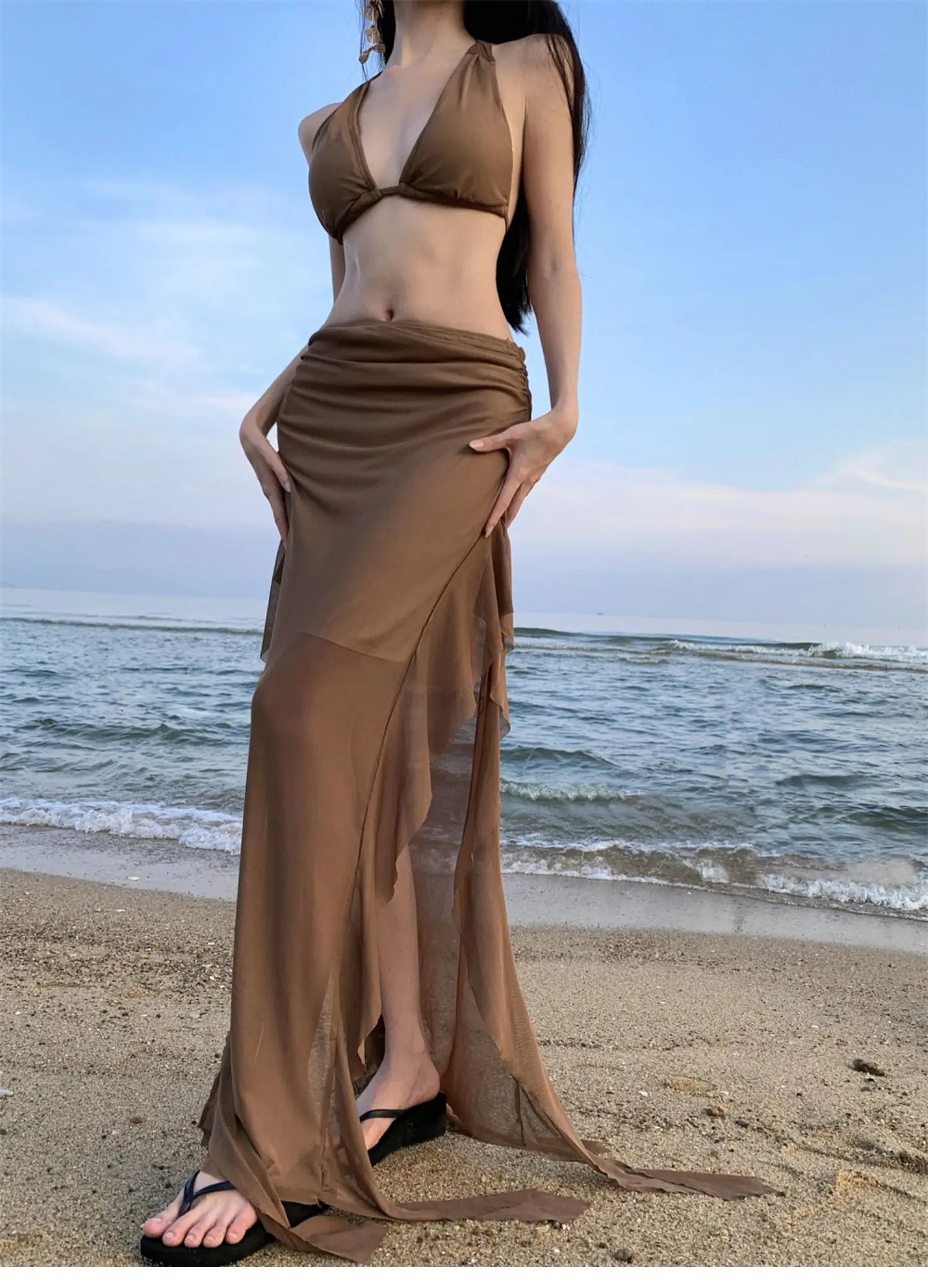 Aiertu  -  Fashion Women's Summer Brown V Neck Backless Halter Bandage Vest Tops And High Waisted Irregular Long Half Skirt Two Piece Sets Aiertu