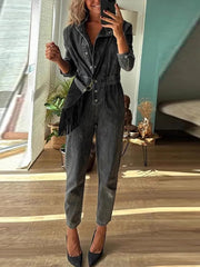 Aiertu  -  Women Slim Denim Jumpsuits Long Pants Rompers Springturn Down Collar Loose One Piece Full Sleeve Tight High Waist Overalls Aiertu