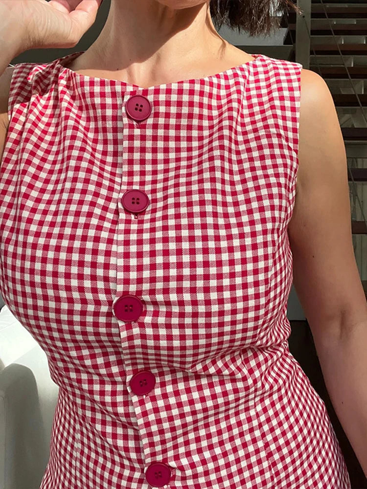 Aiertu  -  Round Neck Sleeveless Plaid Dress Woman Single Breasted Patchwork A-Line Short Dresses Casual Slim Women's Versatile Mini Dress Aiertu