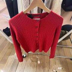 Aiertu  -  Red Twisted Slim Cropped Cardigan Women Chic Crew Neck Long Sleeve Sweater Streetwear Fashion Single Breasted Knit Outerwear New Aiertu