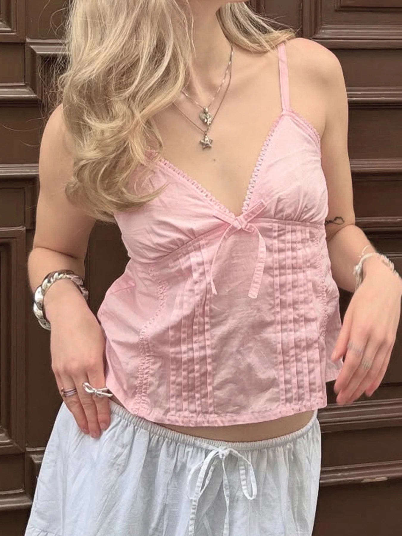 Aiertu  -  Solid Fold Texture Bow Sexy Camisole Deep V-neck Casual Streetwear All-match White Summer Top Chic Vintage Vest Aiertu