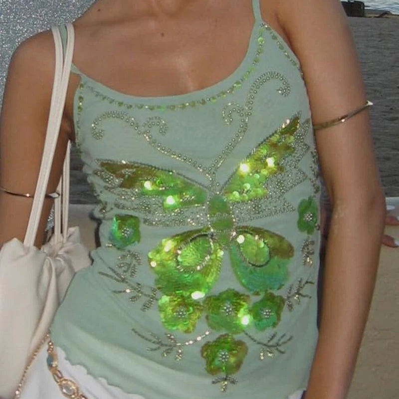 Aiertu  -  Y2k Women Sequin Tank Top Spathetti Strap Rhinestone Shirt Sparkle Glitter Butterfly Cami Crop Tops Going Out Streetwear Aiertu