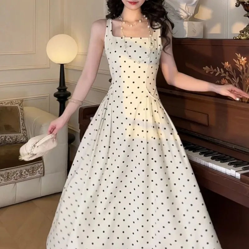 Aiertu  -  Vintage Polka Dots Midi Dress Women Party Elegant Print Straps Dresses Summer Korean Square Collar Bodycon A Line Vestidos Aiertu