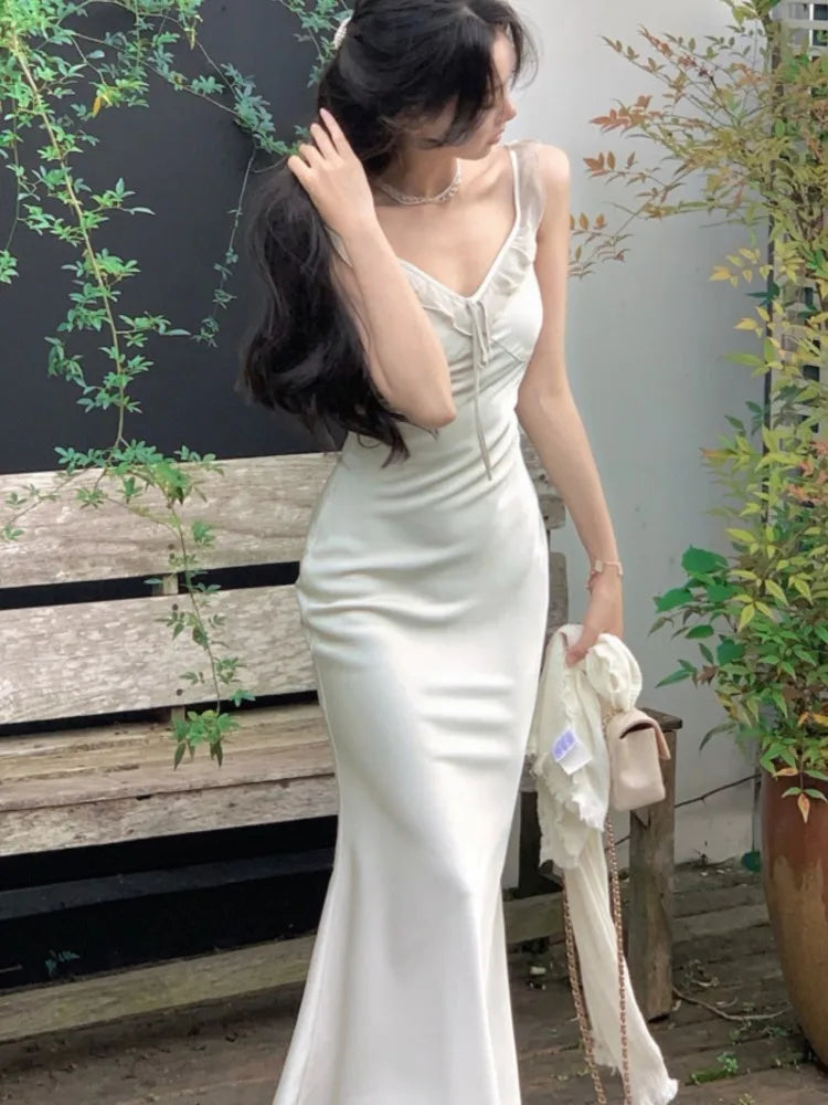 Aiertu  -  Spaghetti Strap White Satin Long Dresses for Women Summer New Elegant Party Sweet Sleeveless Female Holiday Casual Clothing Aiertu