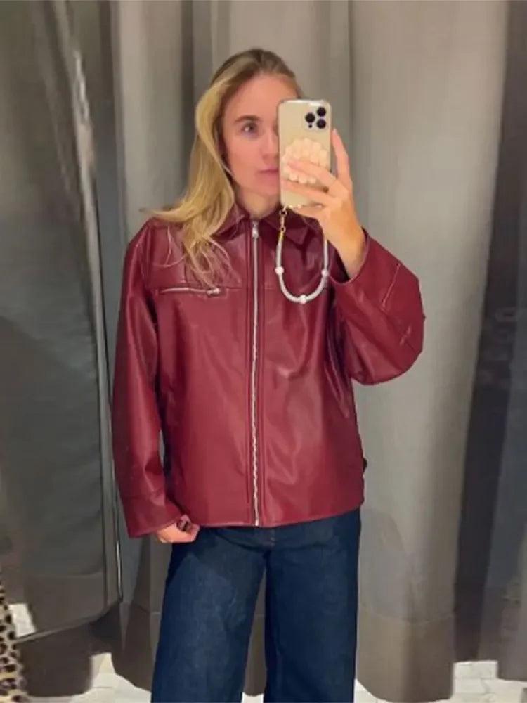 Aiertu  -  2026 New Women Solid Zipper Leather Jacket Vintage Lapel Long Sleeve Bomber Loose Coat Ins Fashion Lady Motorcycle Outerwear Aiertu
