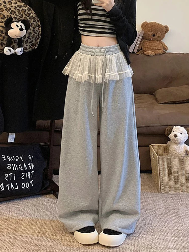 Aiertu  Lace Patchwork Sweet Pants Women Korean Fashion High Waist Loose Trousers Casual Design Lady Lace Up Spring Wide Leg Pants Aiertu