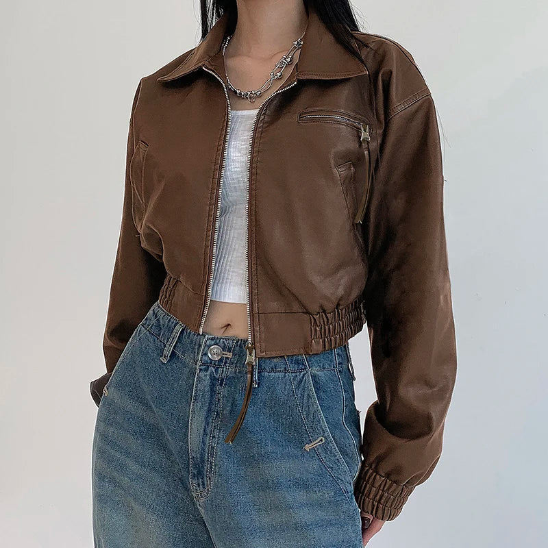 Aiertu  -  Korean Fashion Brown PU Jacket Y2K Vintage Autumn Casual Faux Leather Zipper Coat Harajuku Streetwear Outwear Lady Aiertu
