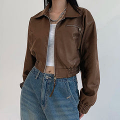 Aiertu  -  Korean Fashion Brown PU Jacket Y2K Vintage Autumn Casual Faux Leather Zipper Coat Harajuku Streetwear Outwear Lady Aiertu