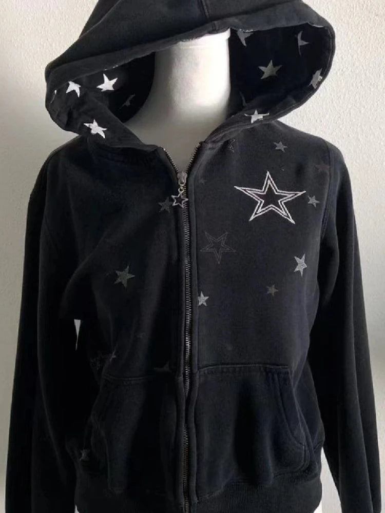 Aiertu  -  Harajuku Star Print Hoodies Women Casual Loose Hooded Sweatshirt Grunge Casual Y2k Aesthetic Vintage Streetwear Zip Up Hoodie Aiertu