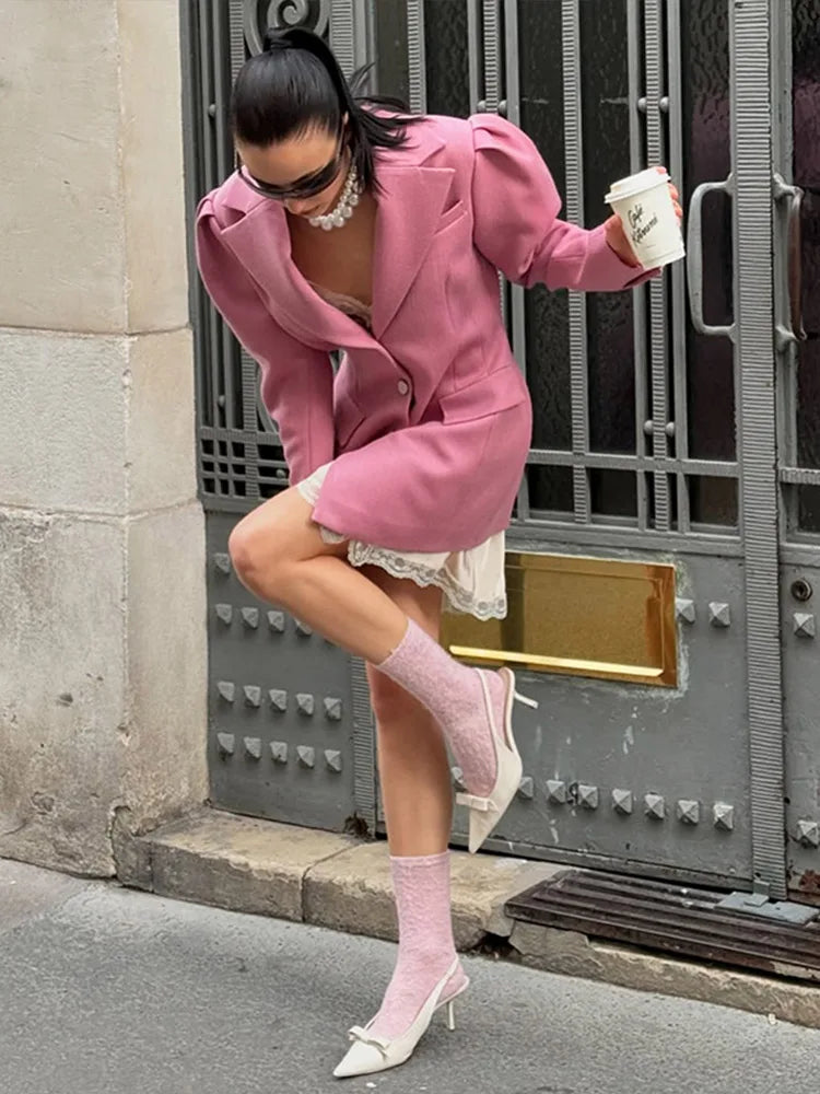 Aiertu  -  Puffed Sleeve Suit Coat Jacket Pink Heart-Shaped Elbow Waist Cinched Slimming Overcoat Commuter Casual Women Elegant Outwear Top Aiertu