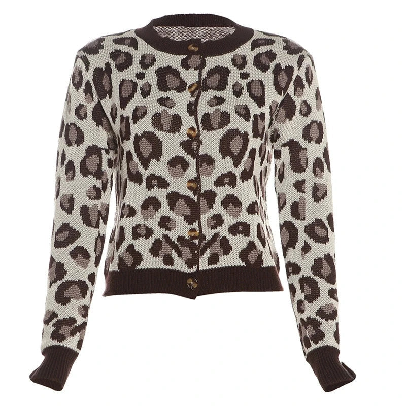 Aiertu  -  Fashion Leopard Printed Sweater Cardigan Autumn Long Sleeve O Neck Single-breasted Knit Tops Vintage Y2K Outerwears 가디건 Aiertu