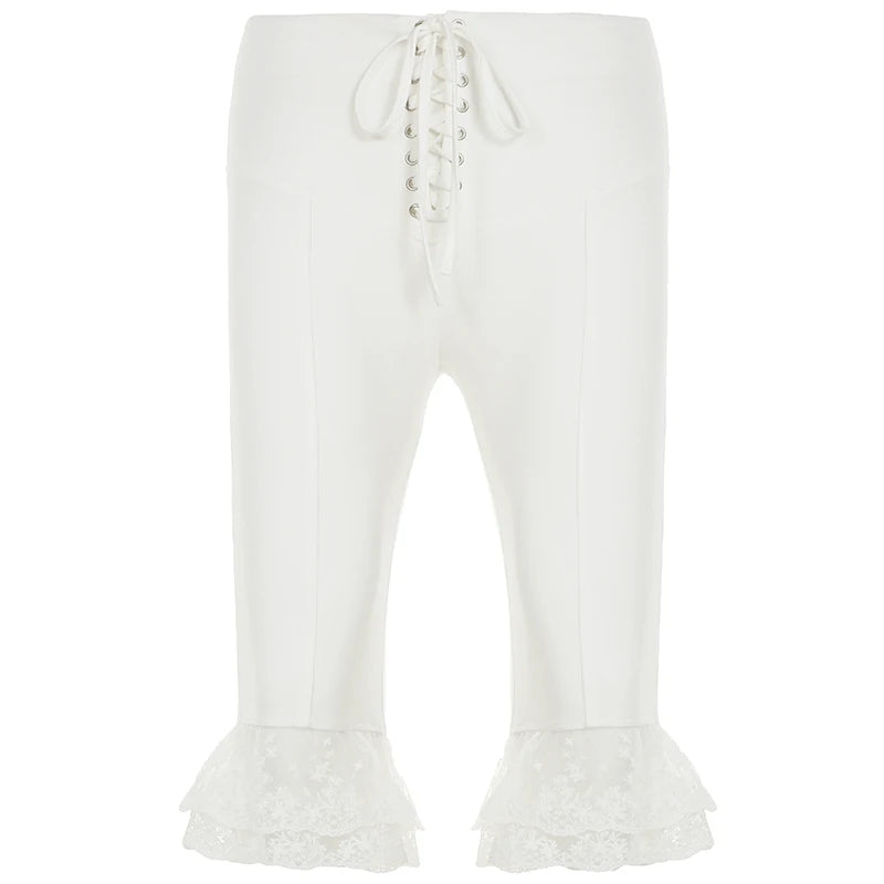 Aiertu  -  Holiday Solid Lace Trim Bandage Knee Length Pants Sweet Slim Mid-Waisted Pants Women 2026 Summer Fashion Streetwear Lady Aiertu