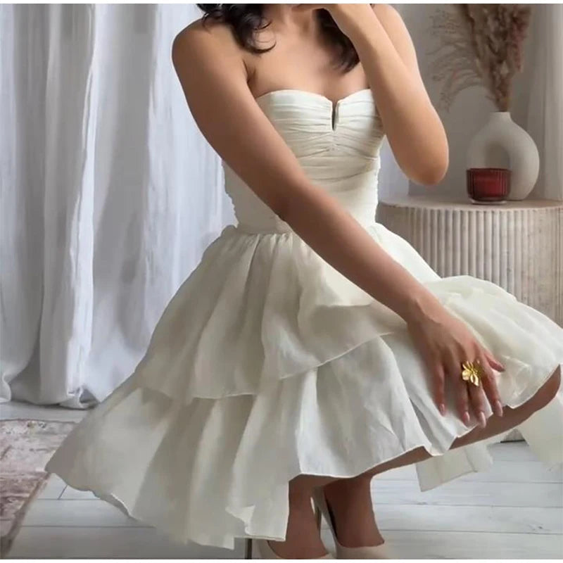 Aiertu  -  Women Strapless Dress Spring Pleated Tierred Women's Dress Sexy Backless Dress Female Chic Midi Dress Casual Beach Lady Vestido Aiertu