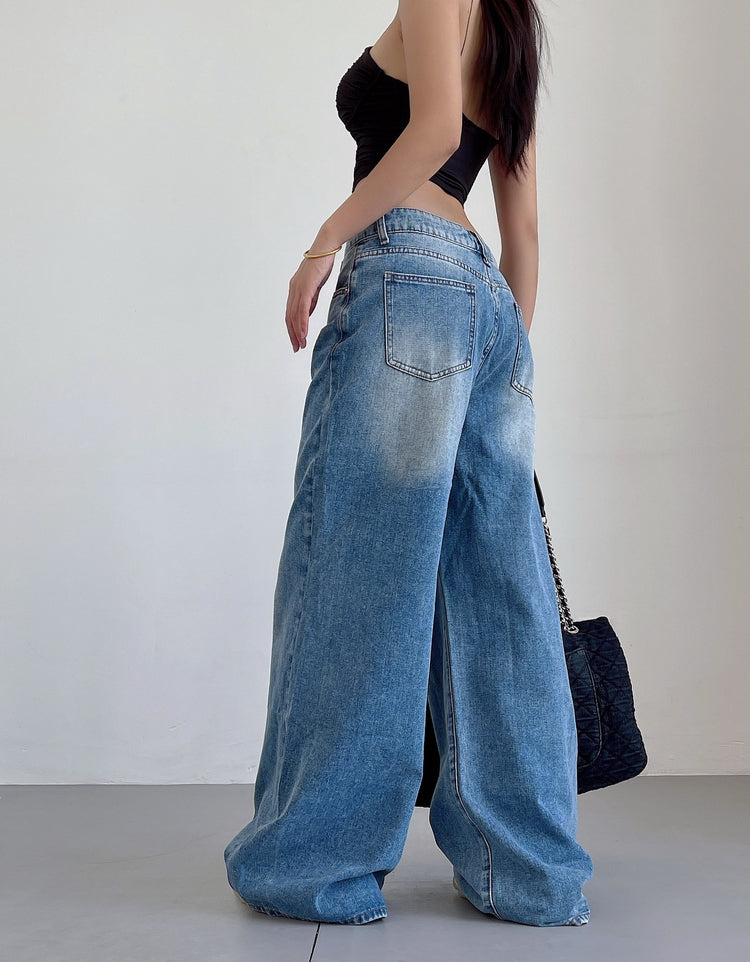 Aiertu Denim Blue Washed Low Rise Straight Leg Jeans Pants Aiertu
