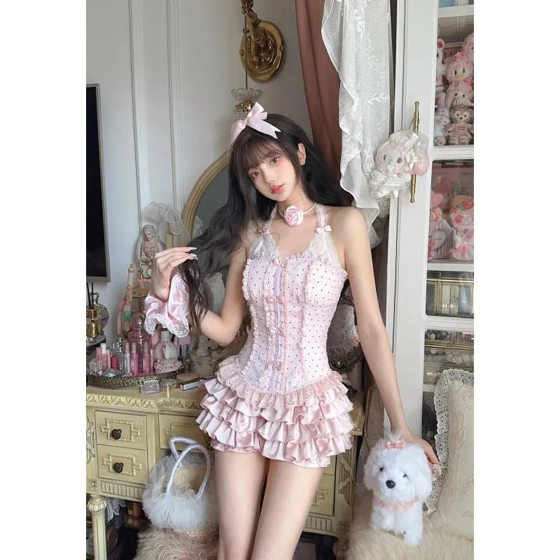 Aiertu  -  High End Fashion Popular Halter Sleeveless Lace Polka Dot Tank Tops Sexy Spliced Ruffle Tiered Short Skirts Y2k Two Piece Sets Aiertu