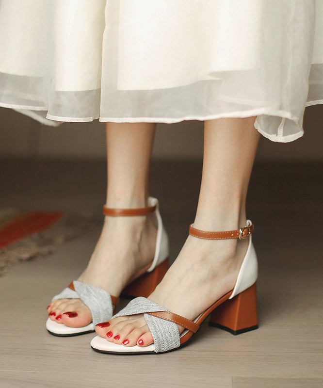 Aiertu  Brown Sandals Chunky Faux Leather Vintage Splicing Buckle Strap Peep Toe Aiertu