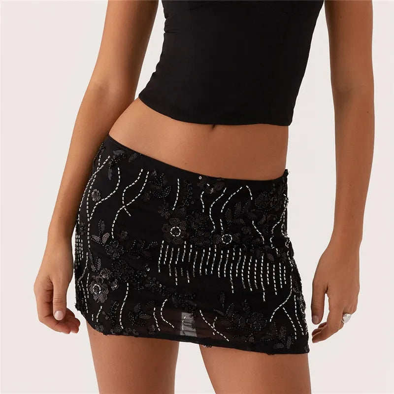 Aiertu  Women Y2K Sequin Mini Skirt Low Waist Sparkle Beaded Short Skirt Glitter Shiny Bodycon Skirt Night Out Party Aiertu
