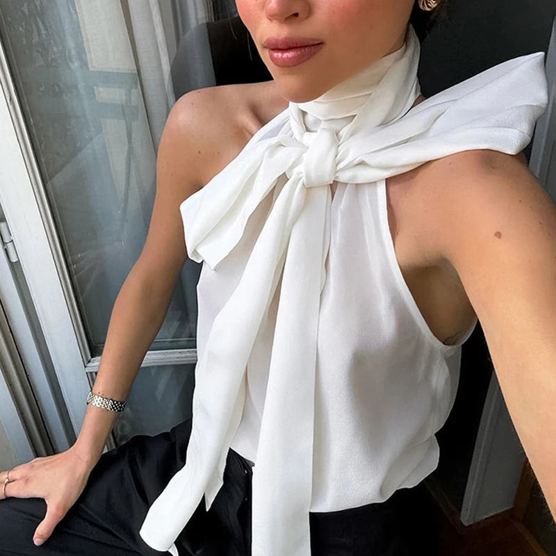 Aiertu  -  Fashion Elegant White Bow Lace Up Halter Neck Vest Top Women's Sleeveless Turtleneck Summer New Vest Pullover Streetwear Aiertu