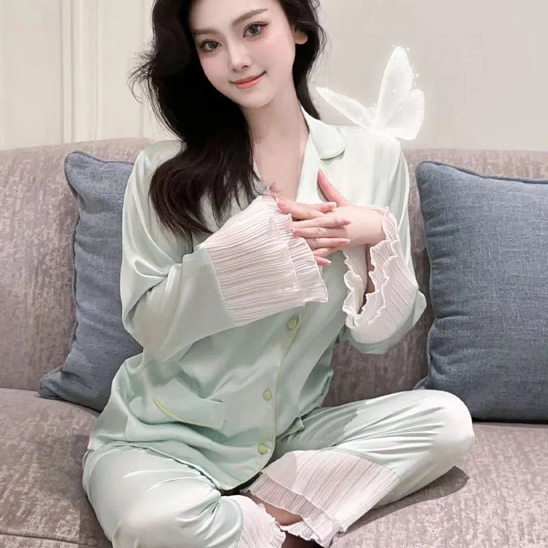 Aiertu  -  Lace Women's Pajama Set Silky Satin Two-piece Long Sleeve Button Shirt Pj Sets Loose Sleepwear Classic Loungewear Pijama Mujer Aiertu