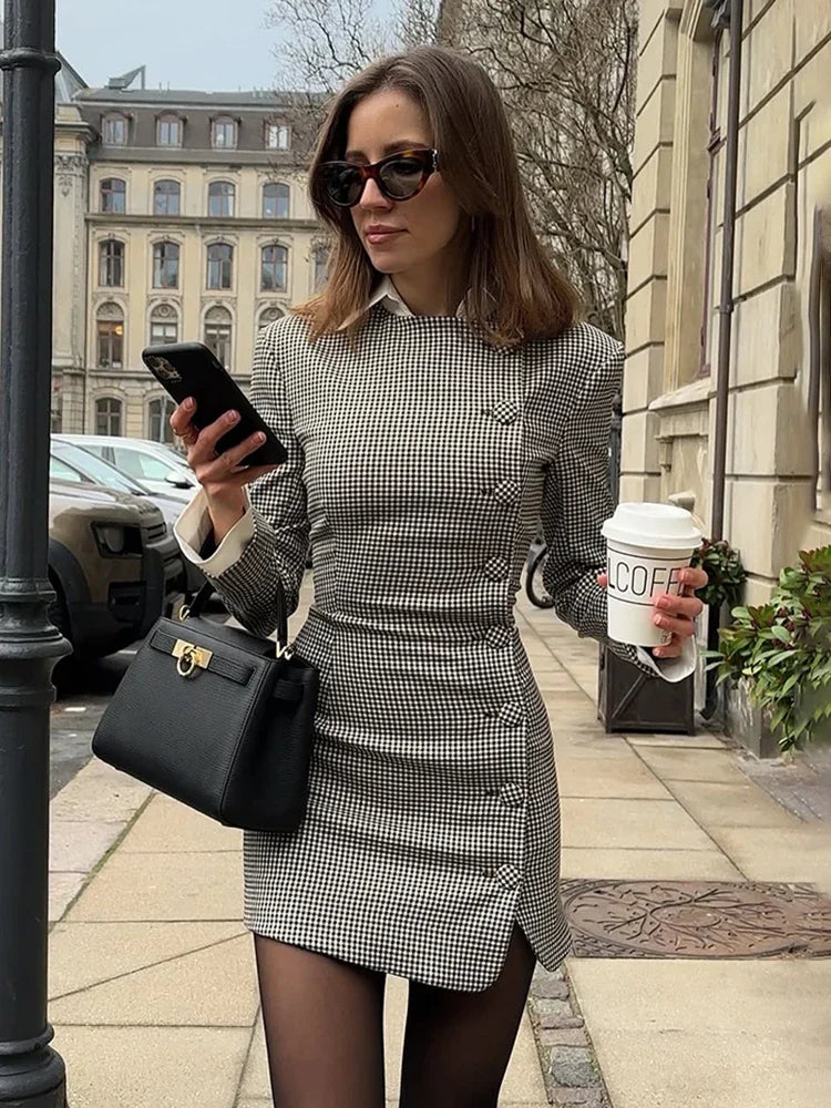 Aiertu  -  Women's Contrast Mini Dress Elegant Office Lady Lapel Slim High Waist Splice Buttons Cardigan Dresses Female Spring Dress Aiertu