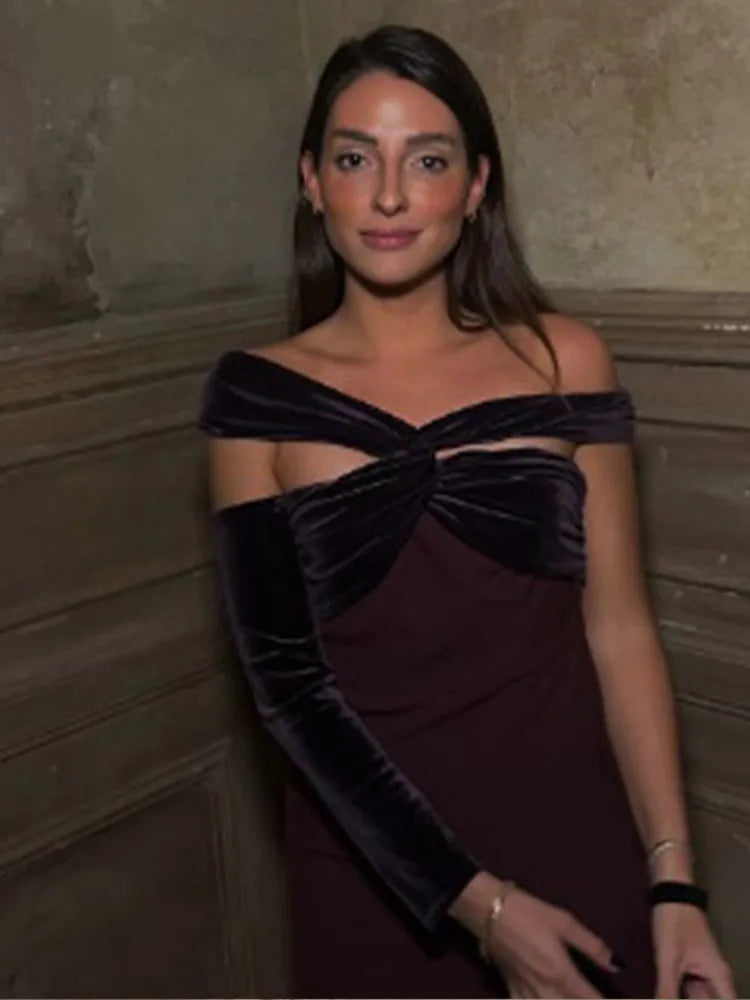 Aiertu  -  Sexy Burgundy Cross Collar Single Shoulder Sleeve Dress Elegant Slim Backless Slit Long Vestidos Lady Chic Evening Party Robes Aiertu