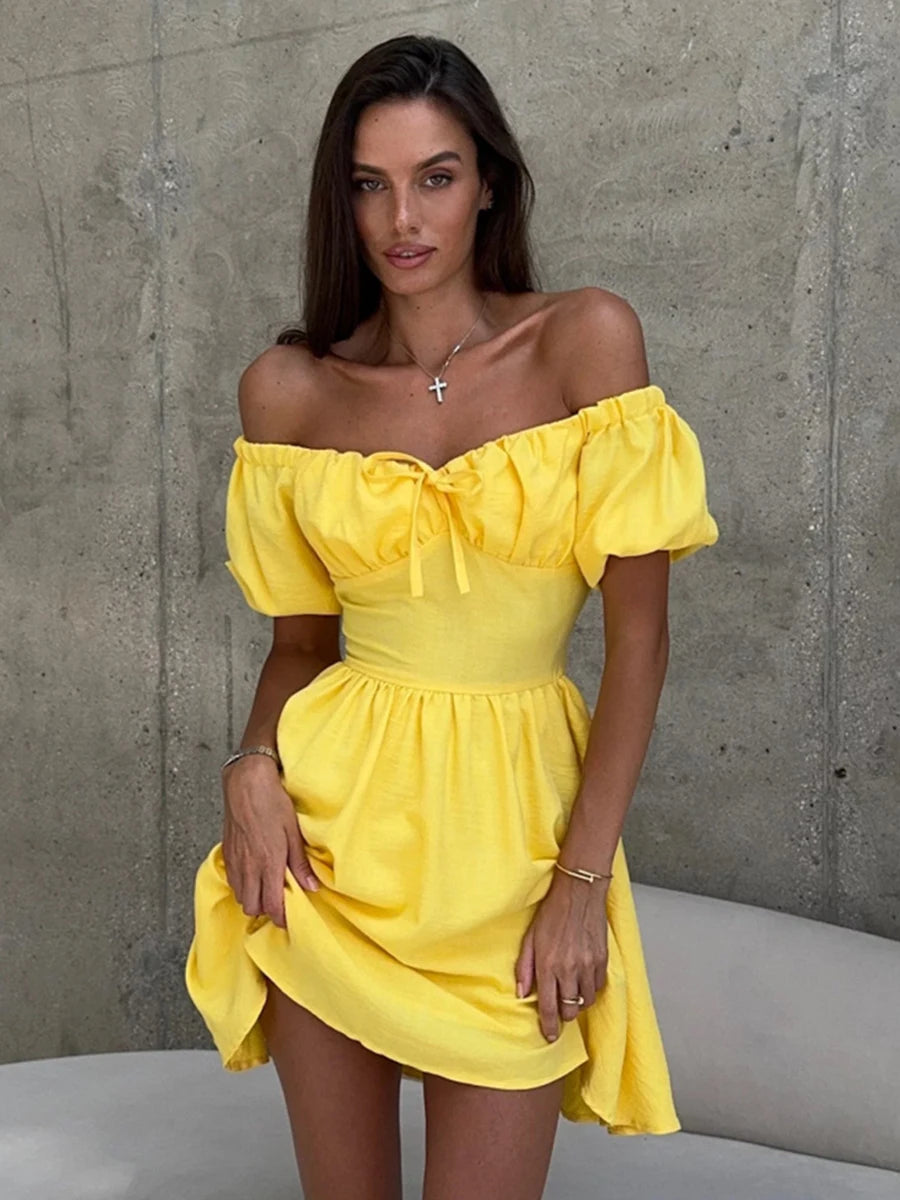Aiertu  -  White Waist Lace-up Mini Dress Women Drawstring Off Shoulder Puff Sleeve A-line Dresses Summer Simple Casual Fashion Vestidos Aiertu