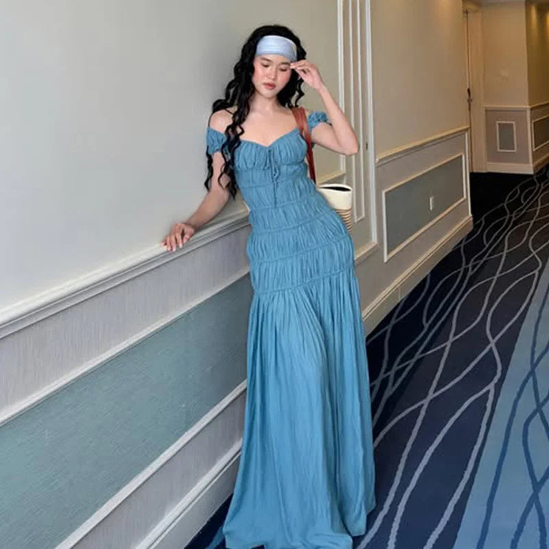 Aiertu  -  Sexy Deep V-neck Pleated Maxi Dress For Women Elegant Fashion Backless Slim Fit Solid Color Sexy Holiday Birthday Dress Aiertu