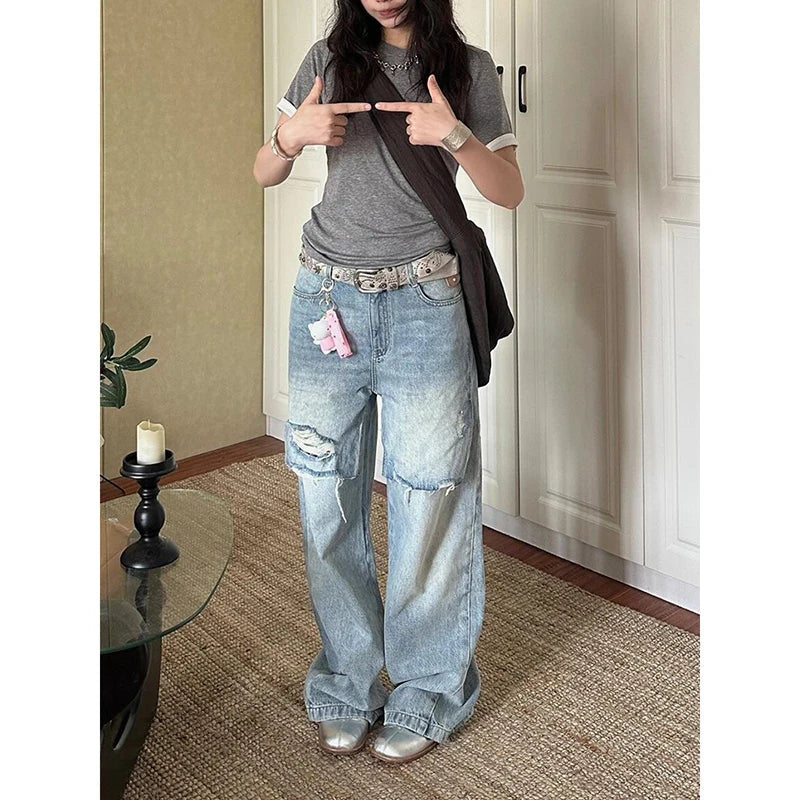 Aiertu  Women Vintage High Waist Light Blue Jeans High Street Style Baggy Ripped Pants Korean Fashion Wide Leg Y2K Female Denim Trouser Aiertu