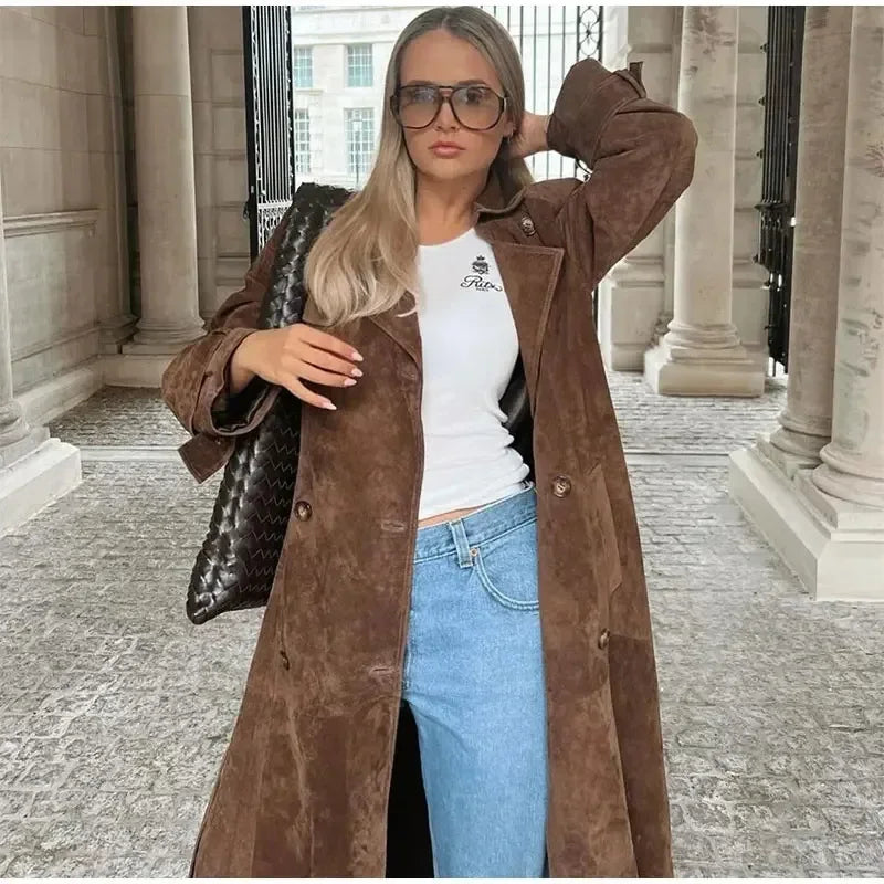 Aiertu  -  Female Retro Jacket Elegant Brown Belted Waist Long Coat Double Breasted High Street Autumn Fashion Full Sleeve Outwear Aiertu