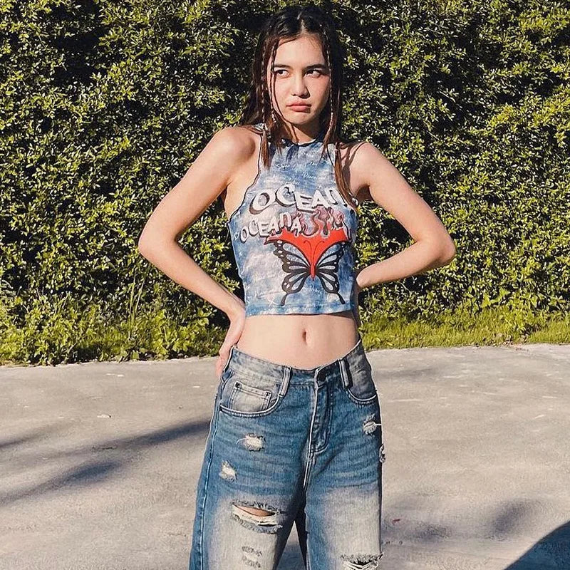 Aiertu  -  Round Neck Sleeveless Butterfly Print Backless Edible Tree Fungus Crop Tank Top Fashion Spicy Girls Summer Streetwear Aiertu