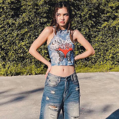 Aiertu  -  Round Neck Sleeveless Butterfly Print Backless Edible Tree Fungus Crop Tank Top Fashion Spicy Girls Summer Streetwear Aiertu