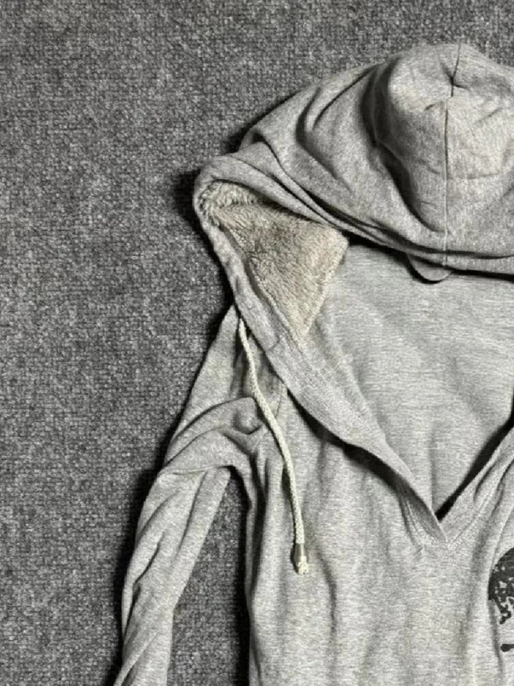 Aiertu  -  Y2k Aesthetic Print Fur Patchwork Hoodie Women Streetwear Drawstring Hooded Tops Harajuku Sweatshirt Slim Grunge Pocket Hoody Aiertu