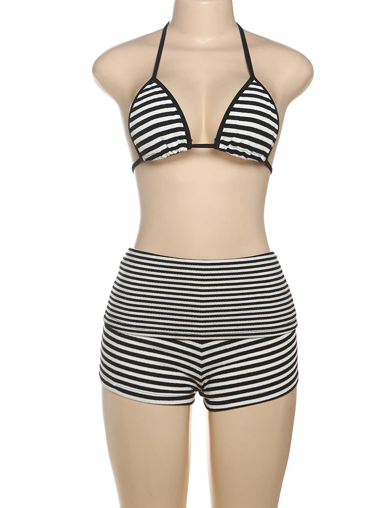 Aiertu  -   Summer Thin Stripe Print Women 2 Piece Set Y2K Vacation Halter Bandage Bra Tops+Shorts Matching Beach Party Clubwear Aiertu
