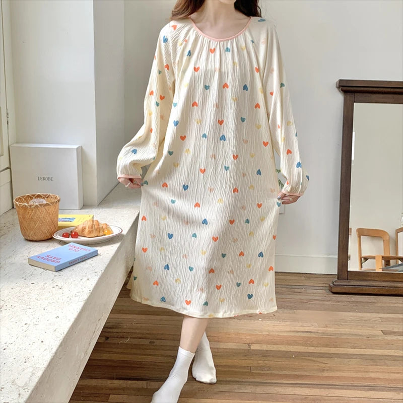 Aiertu Long Sleeve Nightgowns Women Floral Bow Temper Autumn Home Cozy Aesthetic O-neck Prairie Chic All-match Sleepwear Korean Style Aiertu