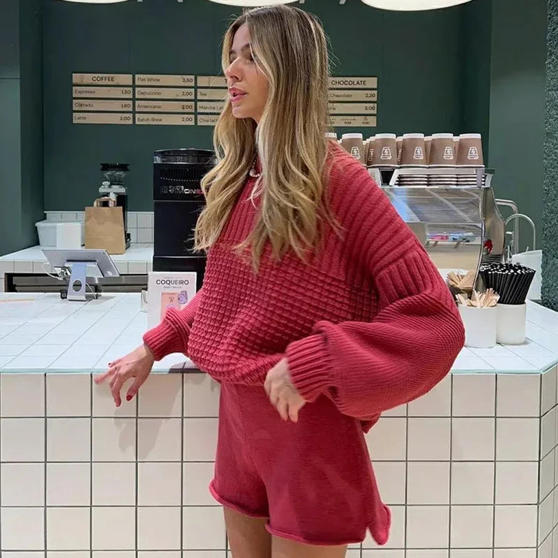 Aiertu  -  Solid Knitted Sweater Shorts Suit Women Casual Crochet O-neck Long Sleeve Pullover Short Pants 2026 Autumn New Lady Loose Outfit Aiertu