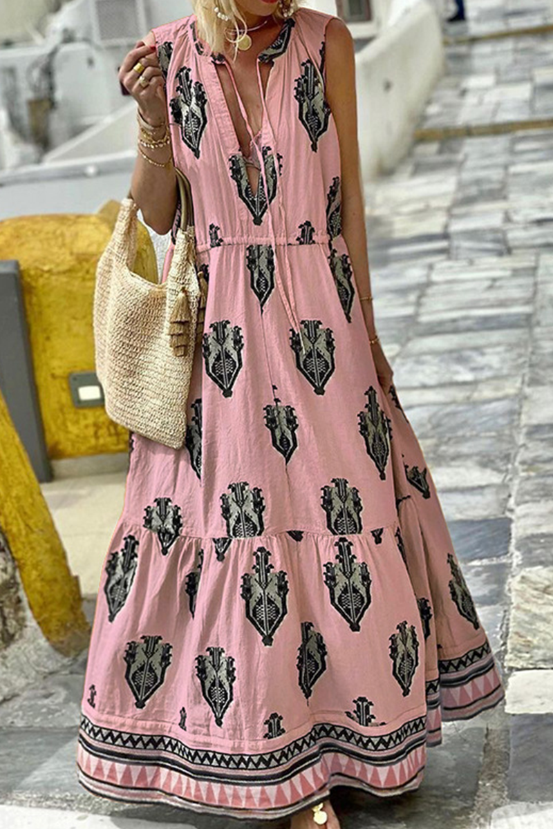 Aiertu  -  Fashion Print V Neck Cake Skirt Dresses(3 Colors) Aiertu