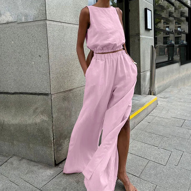 Aiertu  -  Casual Sleeveless Cotton Linen Suit Fashion O-neck Pullover & Split Pant Outfits Women Elegant Elastic Waist Solid Loose 2Pc Set Aiertu