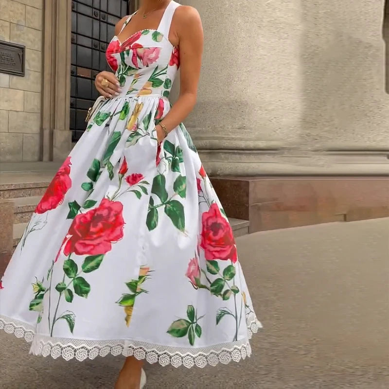 Aiertu  -  Maxi Dress Women's Summer Elegant Floral Print Halter Sleeveless Nipped Waist Pleated Party Holiday Dresses Streetwear Aiertu