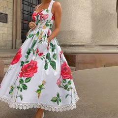Aiertu  -  Maxi Dress Women's Summer Elegant Floral Print Halter Sleeveless Nipped Waist Pleated Party Holiday Dresses Streetwear Aiertu