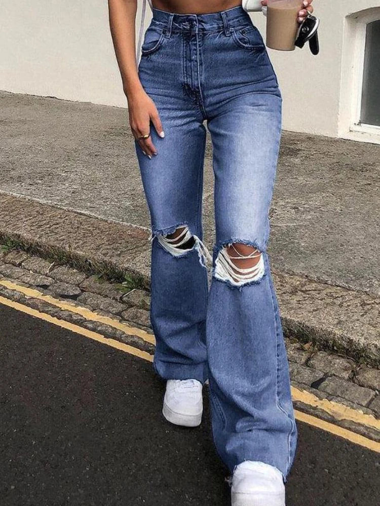 Aiertu  -  Blue Ripped Jeans for Women 2026 High Waisted Elastic Vintage Streetwear y2k Wide Leg Jean Pants Flared Korean Style Aiertu