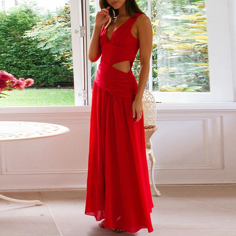 Aiertu  -  Simple Solid Color Hollow Backless Women's Dress New Summer Casual Sleeveless Pleated Long Dress Fashion Lady V-neck Robe Dress Aiertu
