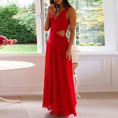 Aiertu  -  Simple Solid Color Hollow Backless Women's Dress New Summer Casual Sleeveless Pleated Long Dress Fashion Lady V-neck Robe Dress Aiertu