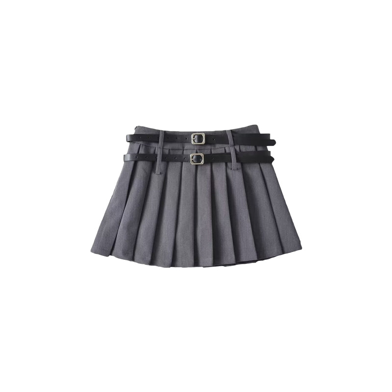 Aiertu Solid Color Double Mini Belt Pleated Mini Skirt Aiertu
