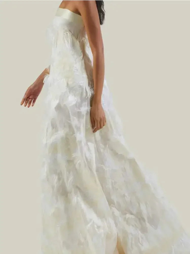 Aiertu  -  White Elegant Feathers Off Shoulder Strapless Maxi Dress Women Backless Wrapped Chest Loose Robes 2026 Wedding Party Dresses Aiertu
