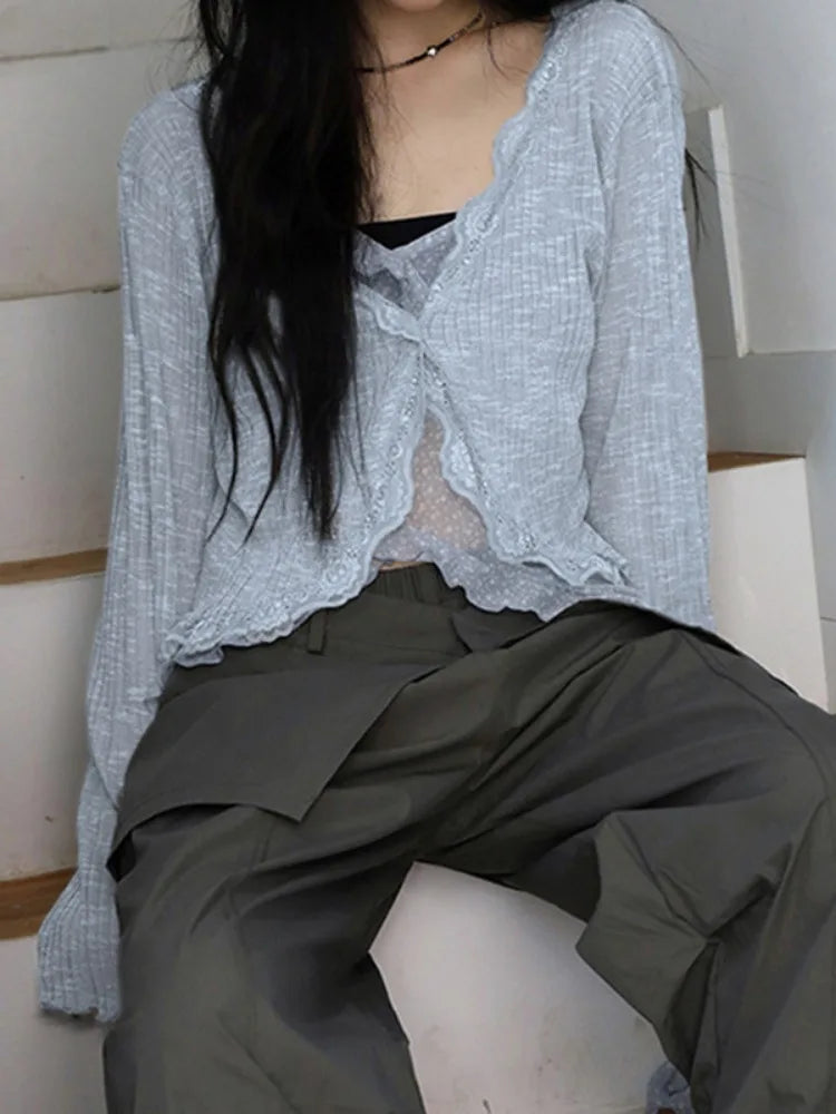 Aiertu  -  Women Y2k Aesthetic See Through Ruffled Shirt Grunge Slim Bandage Harajuku Blouse Sexy Streetwear Flare Sleeve Blusas De Mujer Aiertu