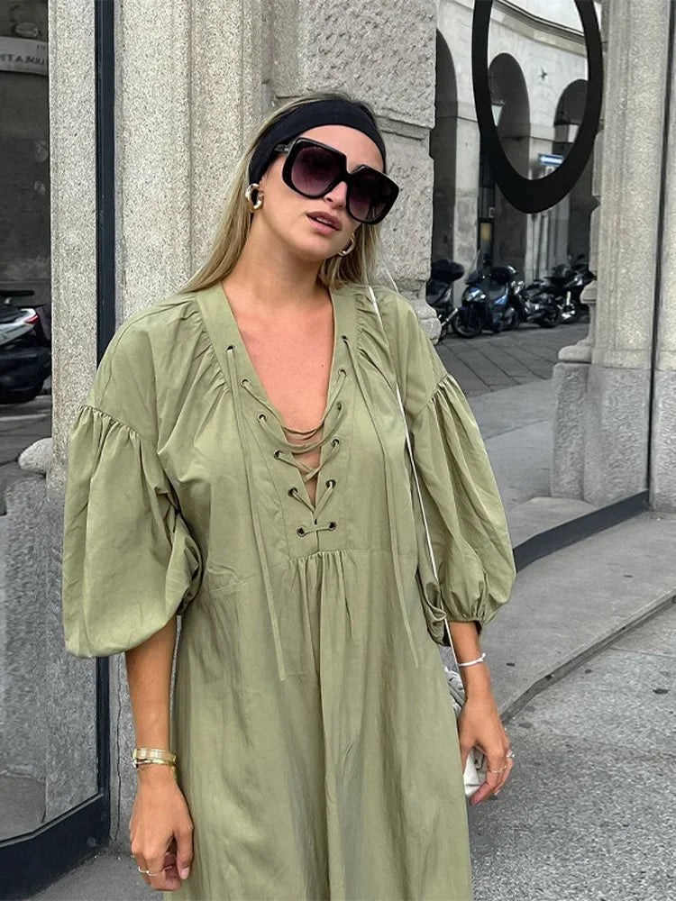 Aiertu  Loose Green Side Split Women Dress Casual Bandage Long Sleeve V Neck Female Dresses 2025 Summer Lace Up Lady Comfortable Robe Aiertu