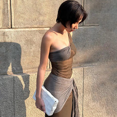 Aiertu  -  Fashion One Shoulder Maxi Dress Club Outfits Sleeveless Hot See Through Wrap Dresses Sexy Cut Out Vestido Clothes Aiertu