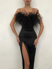 Aiertu  -  New Spring and Summer European and American Women's Dress with Feathered Halter Slim Temperament Package Arm Dress Aiertu